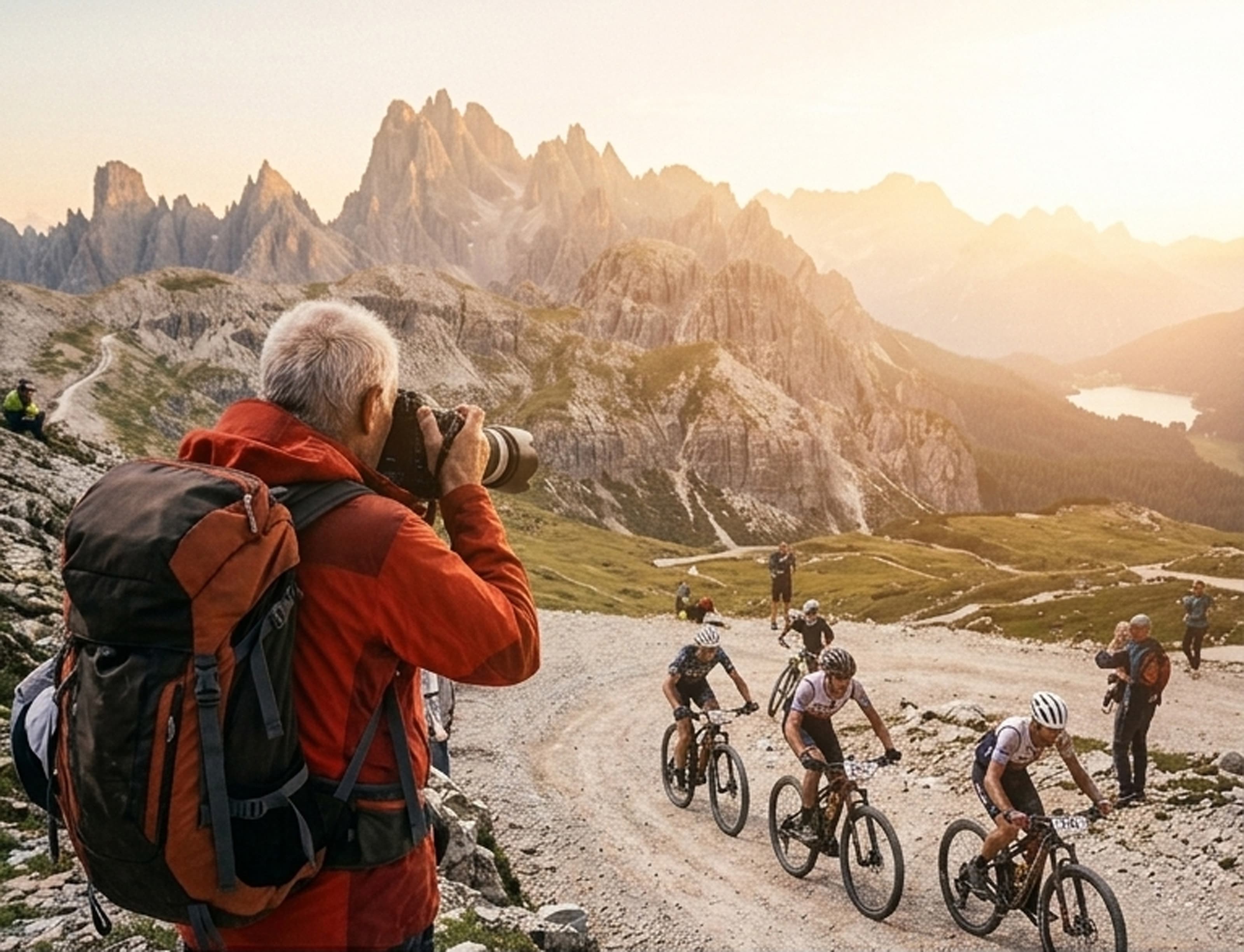 A photographer capturing mountain bikers in the Dolomites