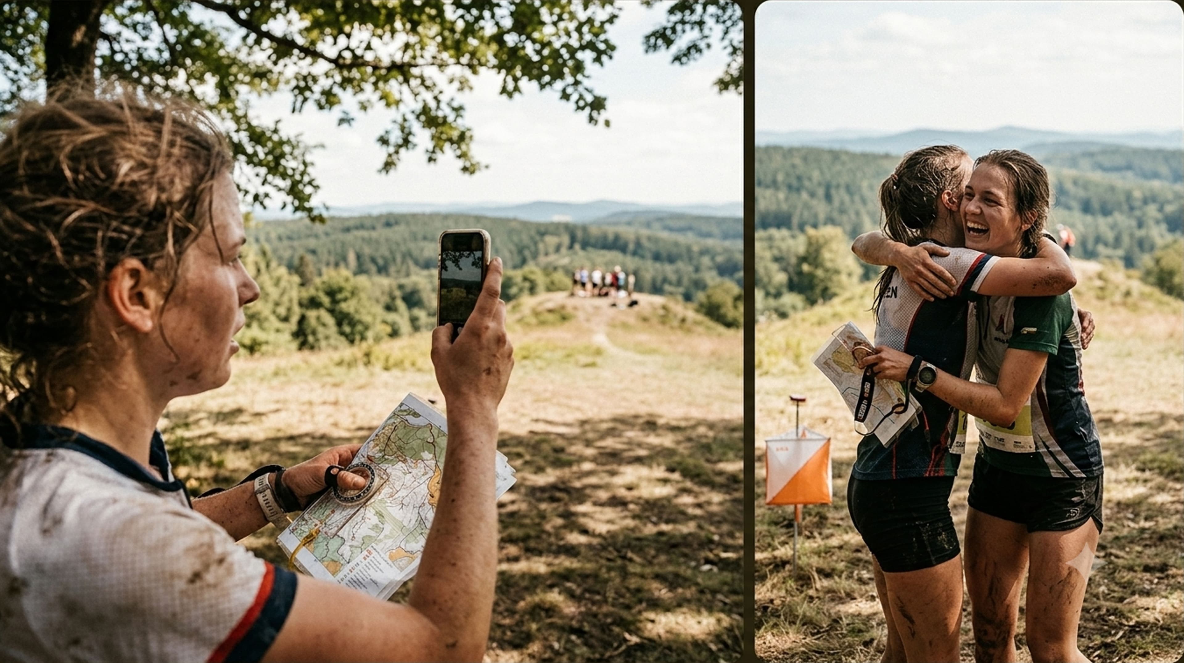 An orienteer photographing the view; two runners celebrating