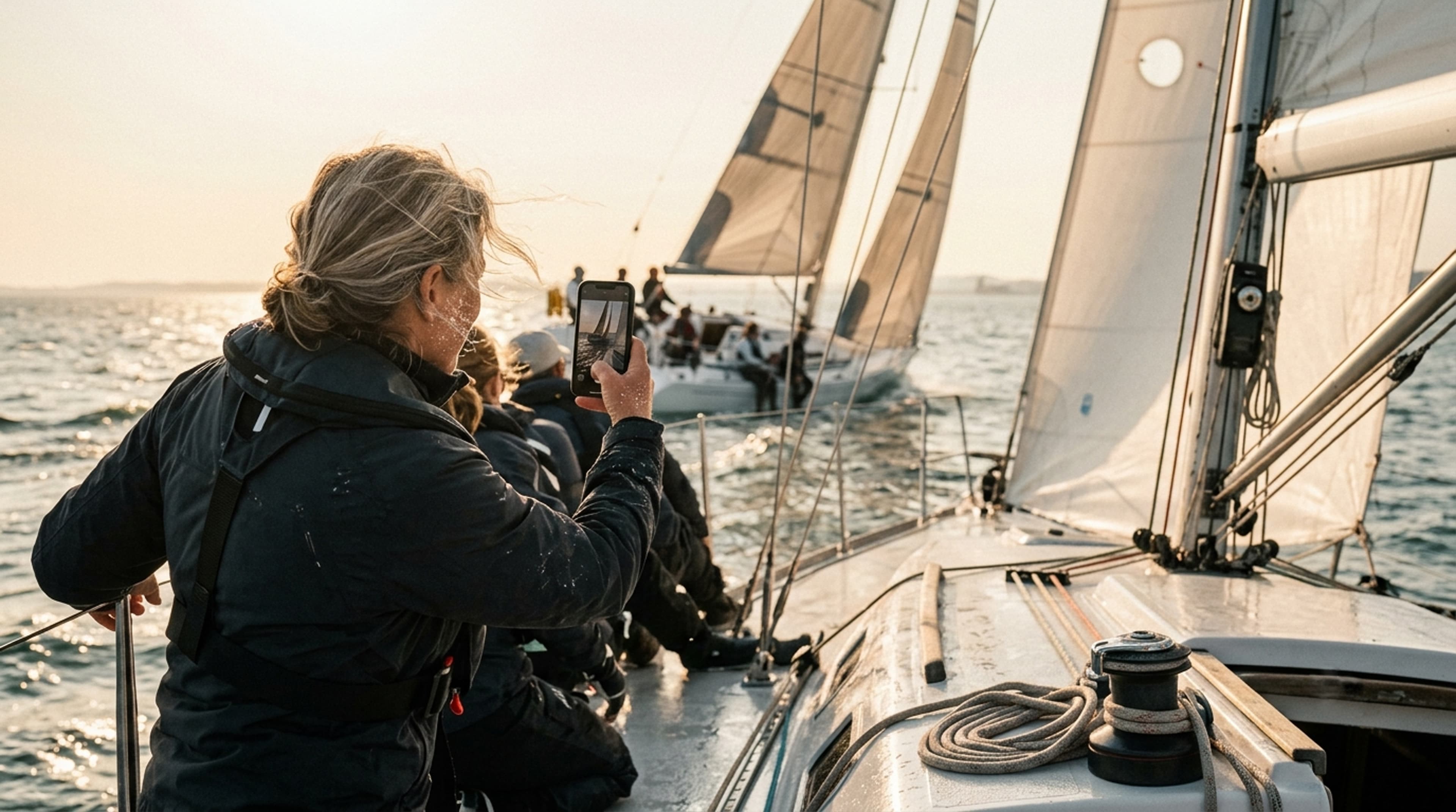 A sailor photographing the race at sunset