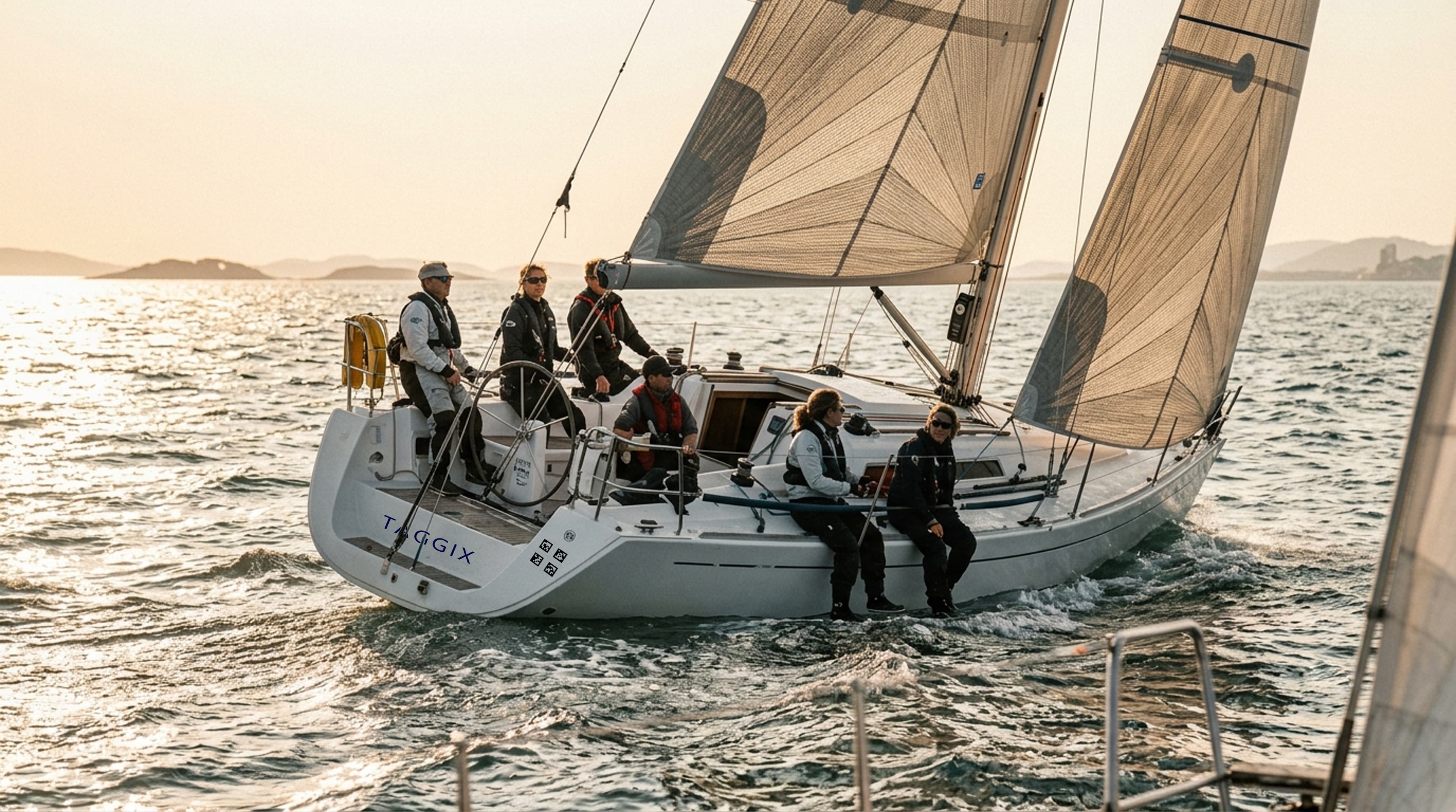A sailing crew racing at golden hour